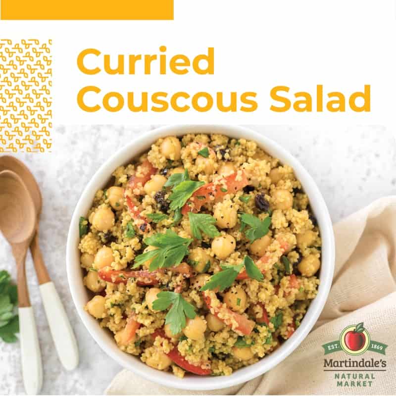 couscous salad with chickpeas, red bell pepper, green onions, italian parsley, currants