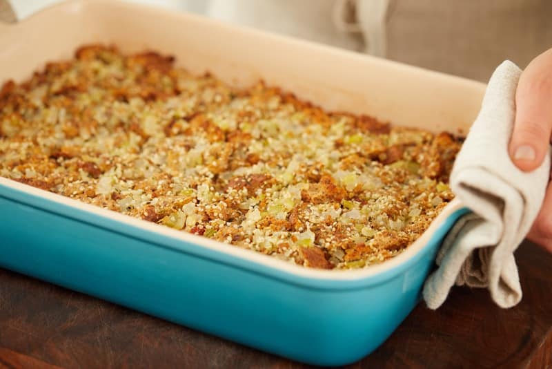 holiday stuffing with sprouted bread, coconut oil, goji berries, and hemp seeds