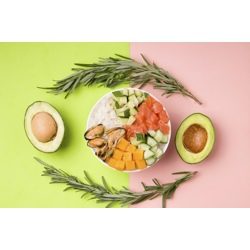 FODMAP Diet foods including tuna, cucumber, zucchini, avocado, cheddar cheese, mussels, and rice