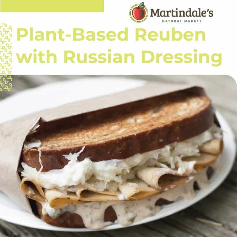 Reuben Sandwich made with Tofurky, sauerkraut, and vegan russian dressing