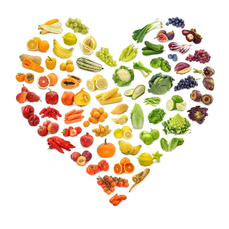 Rainbow heart of fruits and vegetables