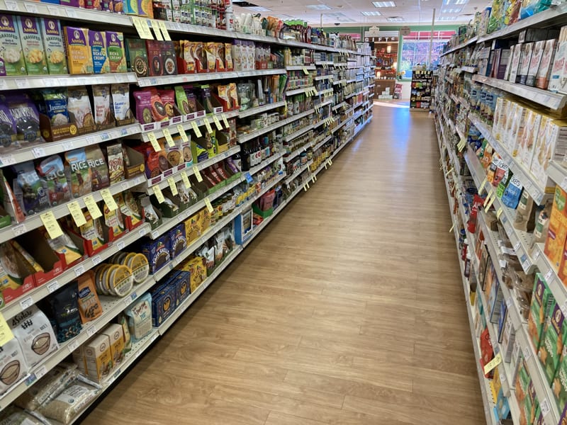 natural groceries on the shelves for shoppers