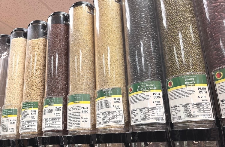 Gravity bins full of bulk foods in the martindale's bulk section