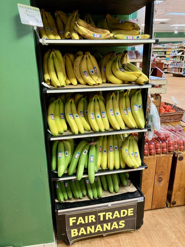 fair trade bananas on the shelf ready for purchase